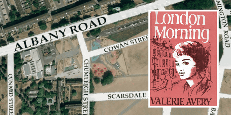 July 2013 image of Burgess Park with an 1896 street plan superimposed and Valerie Avery's book 'London Morning'