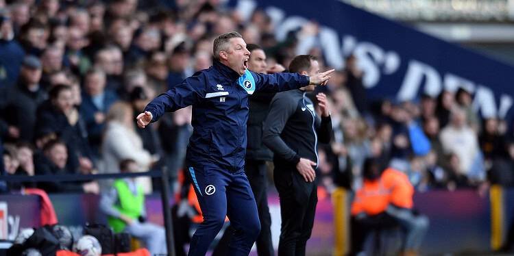 Neil Harris was animated all afternoon on the touchline. Image: Millwall FC