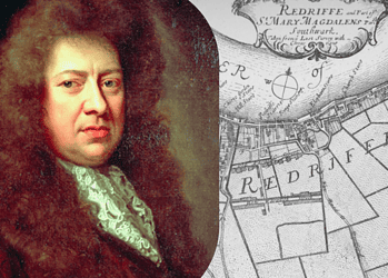 Samuel Pepys against an 18th-century map of Redriffe (Rotherhithe) which he often visited for work