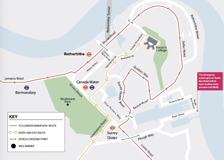 London Marathon road closures - Rotherhithe.