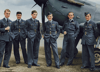 Pilots of D Flight 1 PRU relax in the summer of 1941. L to R Michael ‘Babe’ Suckling (killed July 41), unknown, Greenhill (became a Prisoner of War), Watts, Jimmy Swift (killed September 1941), Sgt Perrot - Peter Arnold collection colourised by RJM