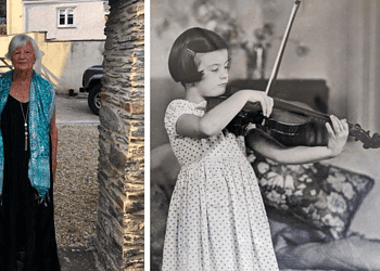 Sally Brooke-Pike in her later years and as a girl playing violin