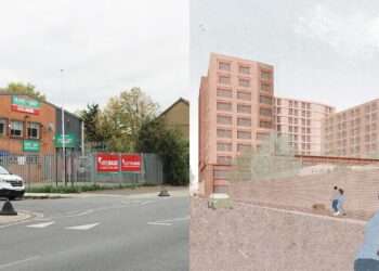The old Buildbase warehouse (L) and Arada's plans (R) (credit: Arada)